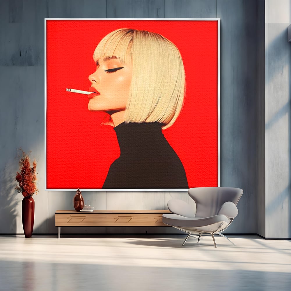 Tablou Canvas Premium, LuxCanva® G1217, Femeia Fatala, Atitudine, Rosu, Tigara, Rebela, Seductie, Fum, Iconic, Foc, Independenta, Chip, Rebeliune, Pasiune, Taina, Blonda, Salon, Birou, Living, Dormitor