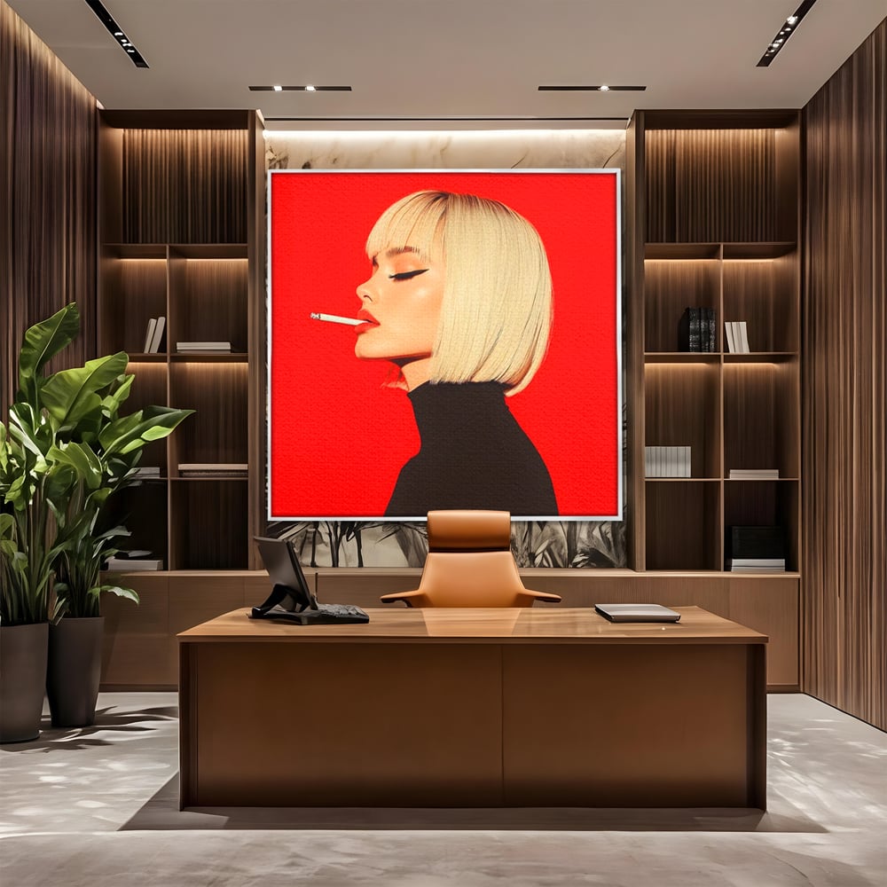 Tablou Canvas Premium, LuxCanva® G1217, Femeia Fatala, Atitudine, Rosu, Tigara, Rebela, Seductie, Fum, Iconic, Foc, Independenta, Chip, Rebeliune, Pasiune, Taina, Blonda, Salon, Birou, Living, Dormitor