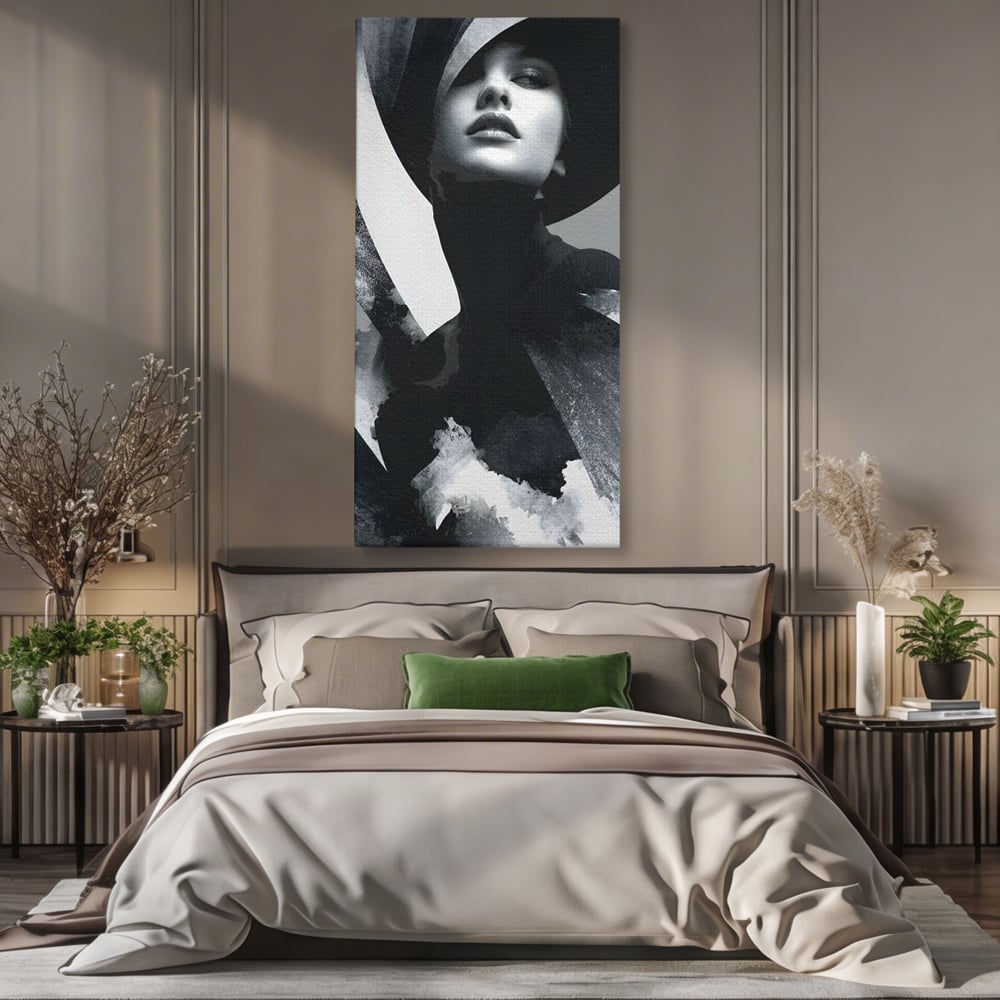 Leinwand Wandkunst Canvas Premium, LuxCanva® G1218, Schwarz-Weiß-Gedicht, Eleganz, Dame, Macht, Silhouette, Schatten, Muse, Anmut, Ewigkeit, Dunkelheit, Königin, Licht, Königin, Licht, Taina, Wohnzimmer, Büro, Wohnzimmer, Schlafzimmer