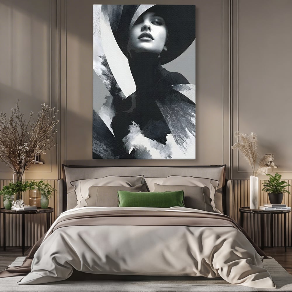 Leinwand Wandkunst Canvas Premium, LuxCanva® G1218, Schwarz-Weiß-Gedicht, Eleganz, Dame, Macht, Silhouette, Schatten, Muse, Anmut, Ewigkeit, Dunkelheit, Königin, Licht, Königin, Licht, Taina, Wohnzimmer, Büro, Wohnzimmer, Schlafzimmer