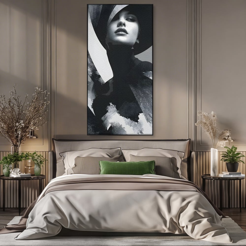 Leinwand Wandkunst Canvas Premium, LuxCanva® G1218, Schwarz-Weiß-Gedicht, Eleganz, Dame, Macht, Silhouette, Schatten, Muse, Anmut, Ewigkeit, Dunkelheit, Königin, Licht, Königin, Licht, Taina, Wohnzimmer, Büro, Wohnzimmer, Schlafzimmer