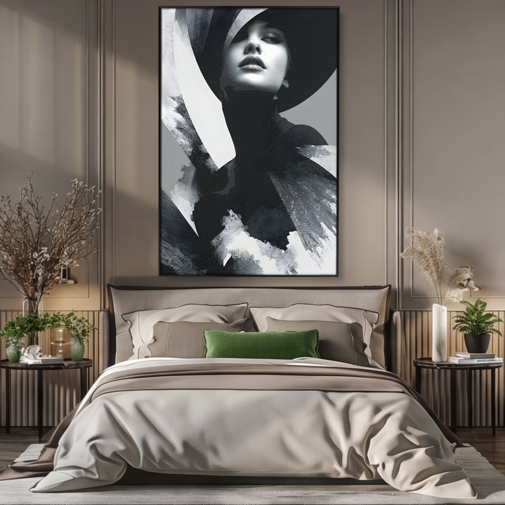 Leinwand Wandkunst Canvas Premium, LuxCanva® G1218, Schwarz-Weiß-Gedicht, Eleganz, Dame, Macht, Silhouette, Schatten, Muse, Anmut, Ewigkeit, Dunkelheit, Königin, Licht, Königin, Licht, Taina, Wohnzimmer, Büro, Wohnzimmer, Schlafzimmer