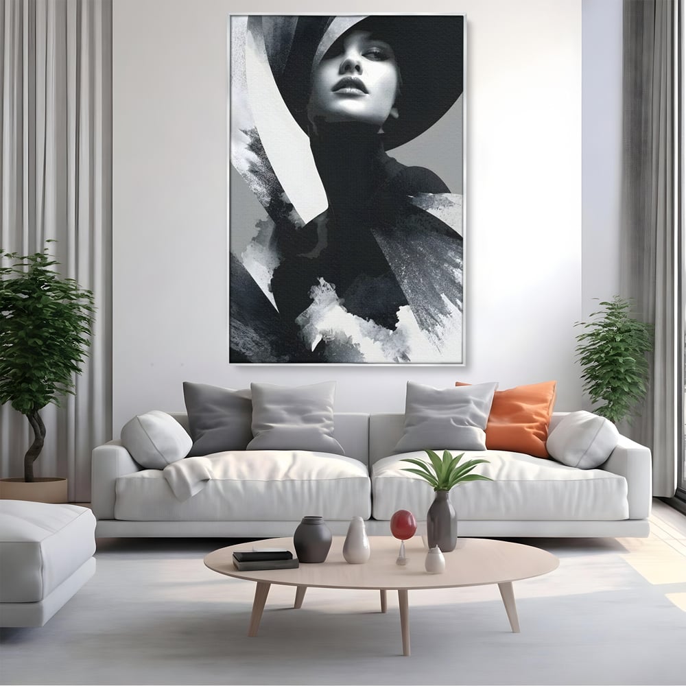 Leinwand Wandkunst Canvas Premium, LuxCanva® G1218, Schwarz-Weiß-Gedicht, Eleganz, Dame, Macht, Silhouette, Schatten, Muse, Anmut, Ewigkeit, Dunkelheit, Königin, Licht, Königin, Licht, Taina, Wohnzimmer, Büro, Wohnzimmer, Schlafzimmer