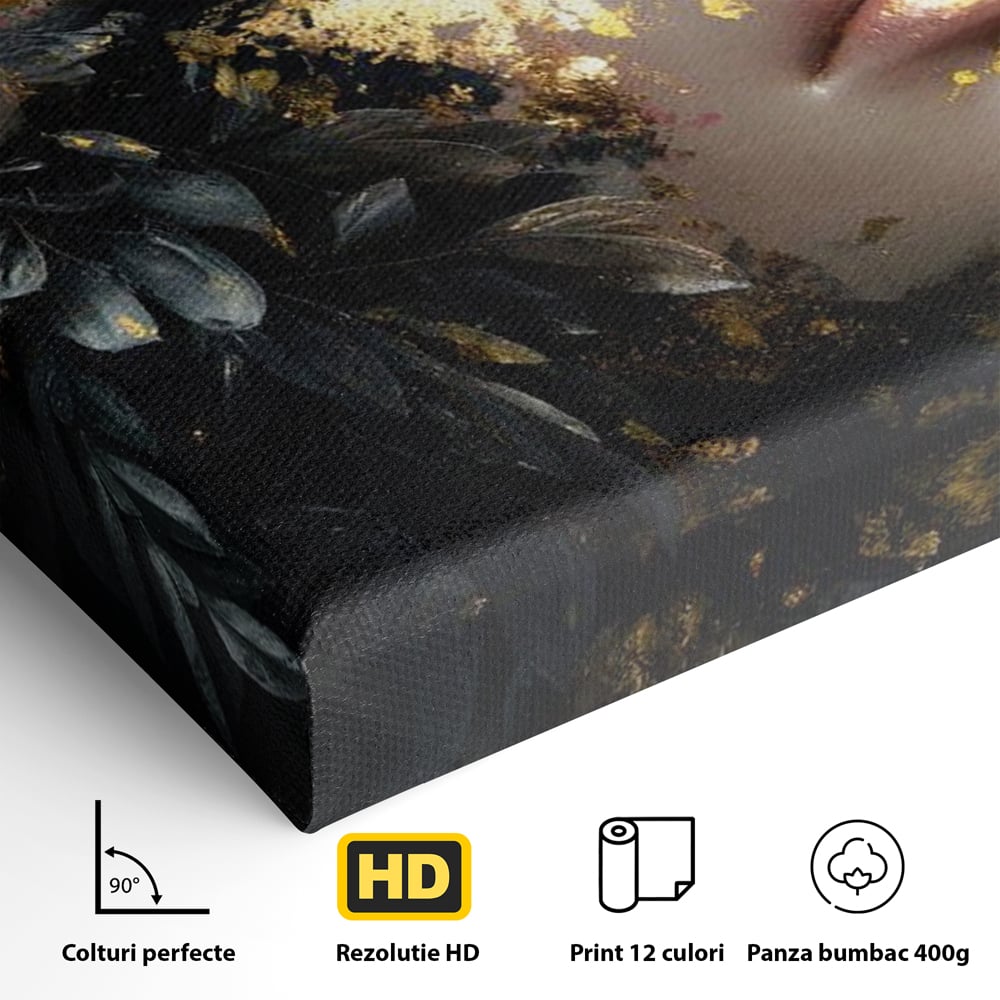 Tablou Canvas Premium, LuxCanva® G1219, Somnul Zeitei, Alchimie, Aur, Flori, Secret, Noapte, Incoronat, Baroc, Opulenta, Floral, Metamorfoza, Obscur, Mistic, Salon, Birou, Living, Dormitor
