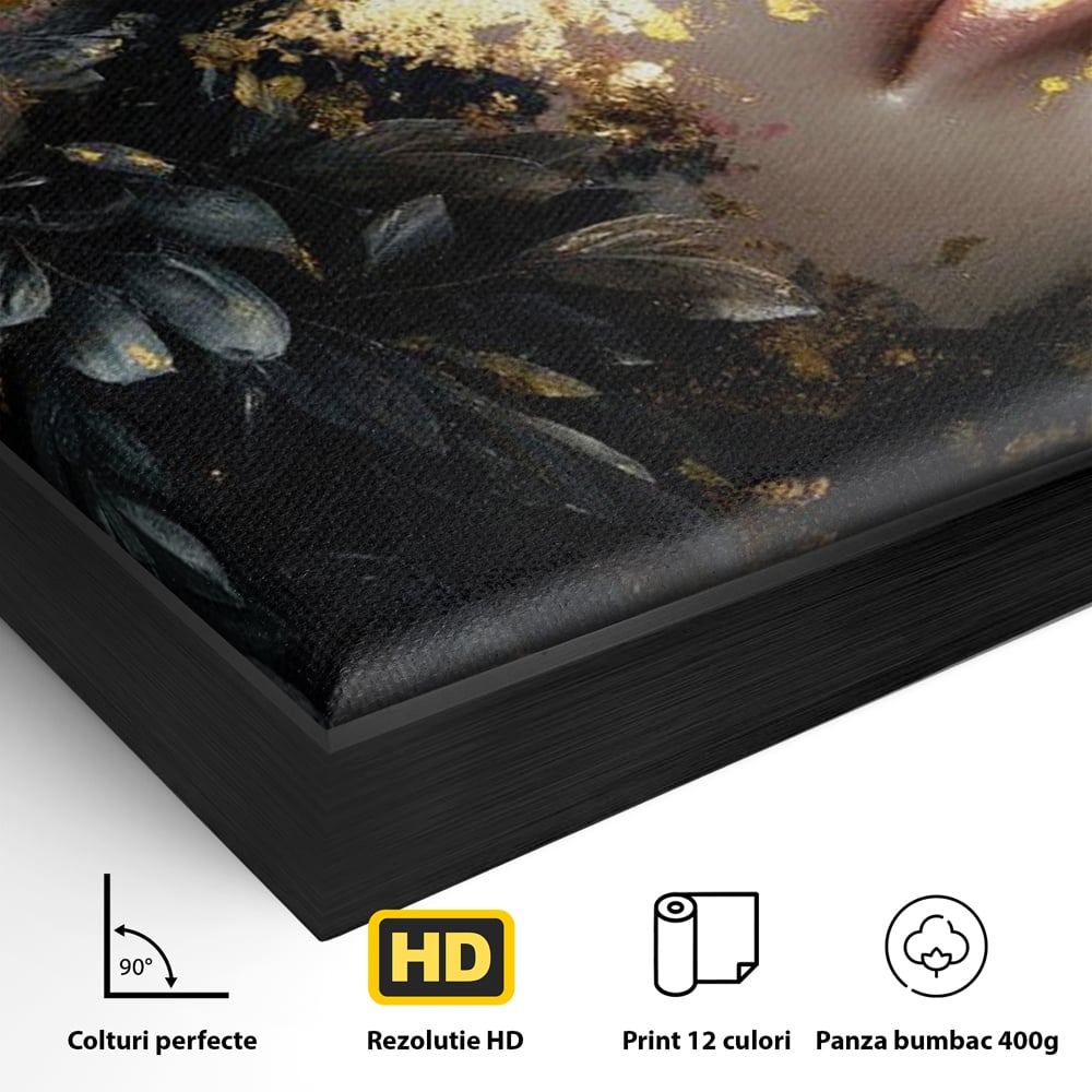 Tablou Canvas Premium, LuxCanva® G1219, Somnul Zeitei, Alchimie, Aur, Flori, Secret, Noapte, Incoronat, Baroc, Opulenta, Floral, Metamorfoza, Obscur, Mistic, Salon, Birou, Living, Dormitor