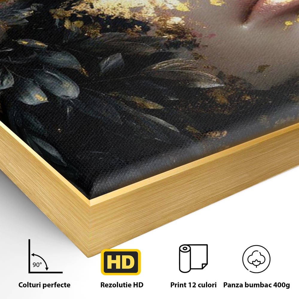 Tablou Canvas Premium, LuxCanva® G1219, Somnul Zeitei, Alchimie, Aur, Flori, Secret, Noapte, Incoronat, Baroc, Opulenta, Floral, Metamorfoza, Obscur, Mistic, Salon, Birou, Living, Dormitor