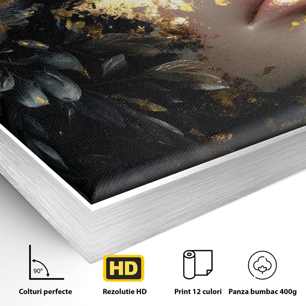 Tablou Canvas Premium, LuxCanva® G1219, Somnul Zeitei, Alchimie, Aur, Flori, Secret, Noapte, Incoronat, Baroc, Opulenta, Floral, Metamorfoza, Obscur, Mistic, Salon, Birou, Living, Dormitor