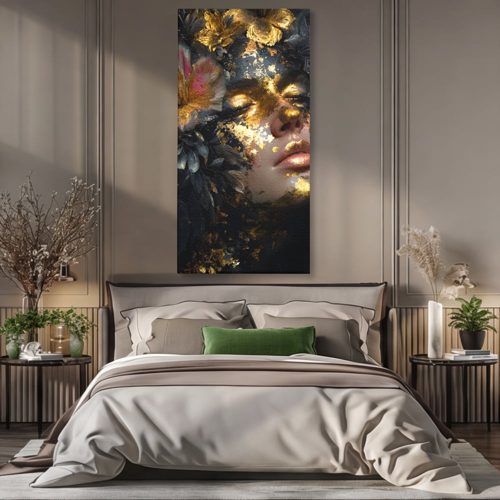 Tablou Canvas Premium, LuxCanva® G1219, Somnul Zeitei, Alchimie, Aur, Flori, Secret, Noapte, Incoronat, Baroc, Opulenta, Floral, Metamorfoza, Obscur, Mistic, Salon, Birou, Living, Dormitor