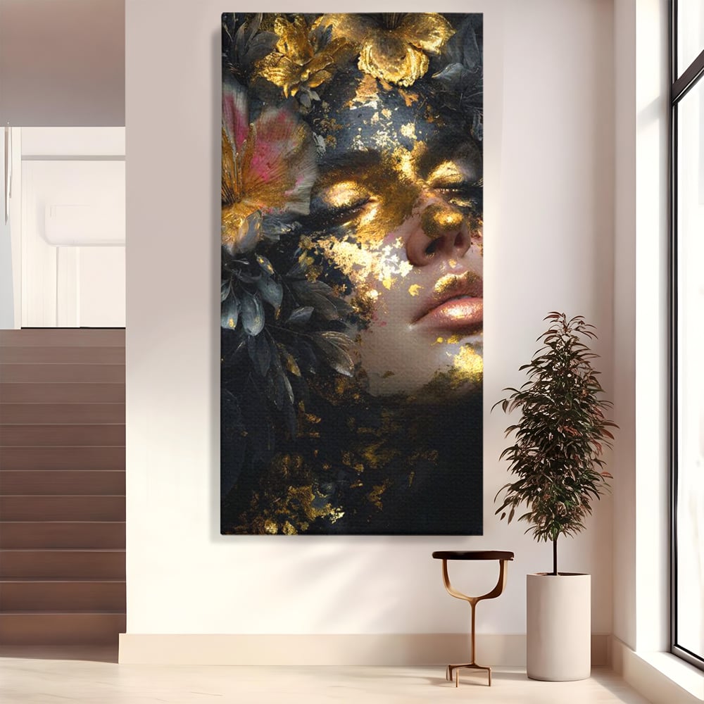 Tablou Canvas Premium, LuxCanva® G1219, Somnul Zeitei, Alchimie, Aur, Flori, Secret, Noapte, Incoronat, Baroc, Opulenta, Floral, Metamorfoza, Obscur, Mistic, Salon, Birou, Living, Dormitor