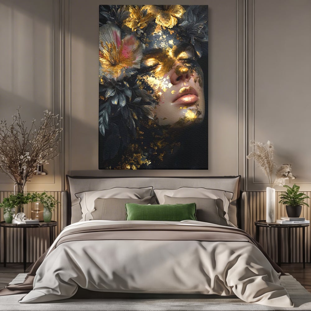 Tablou Canvas Premium, LuxCanva® G1219, Somnul Zeitei, Alchimie, Aur, Flori, Secret, Noapte, Incoronat, Baroc, Opulenta, Floral, Metamorfoza, Obscur, Mistic, Salon, Birou, Living, Dormitor