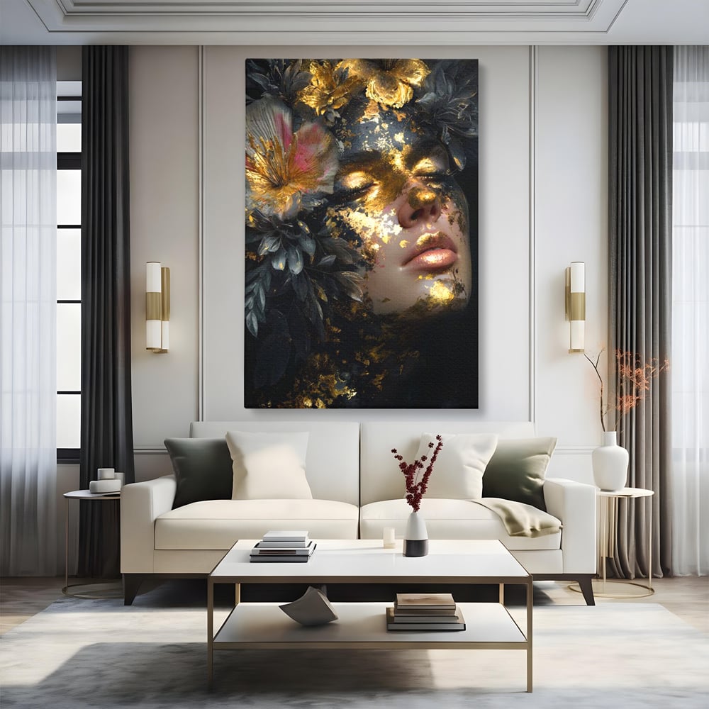 Tablou Canvas Premium, LuxCanva® G1219, Somnul Zeitei, Alchimie, Aur, Flori, Secret, Noapte, Incoronat, Baroc, Opulenta, Floral, Metamorfoza, Obscur, Mistic, Salon, Birou, Living, Dormitor