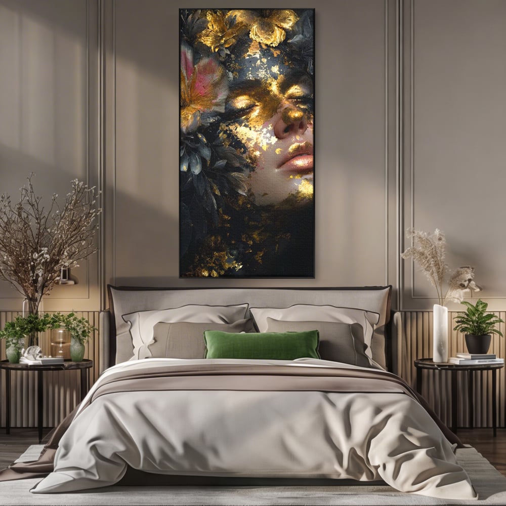 Tablou Canvas Premium, LuxCanva® G1219, Somnul Zeitei, Alchimie, Aur, Flori, Secret, Noapte, Incoronat, Baroc, Opulenta, Floral, Metamorfoza, Obscur, Mistic, Salon, Birou, Living, Dormitor