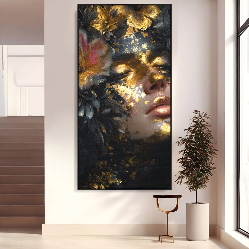 Tablou Canvas Premium, LuxCanva® G1219, Somnul Zeitei, Alchimie, Aur, Flori, Secret, Noapte, Incoronat, Baroc, Opulenta, Floral, Metamorfoza, Obscur, Mistic, Salon, Birou, Living, Dormitor