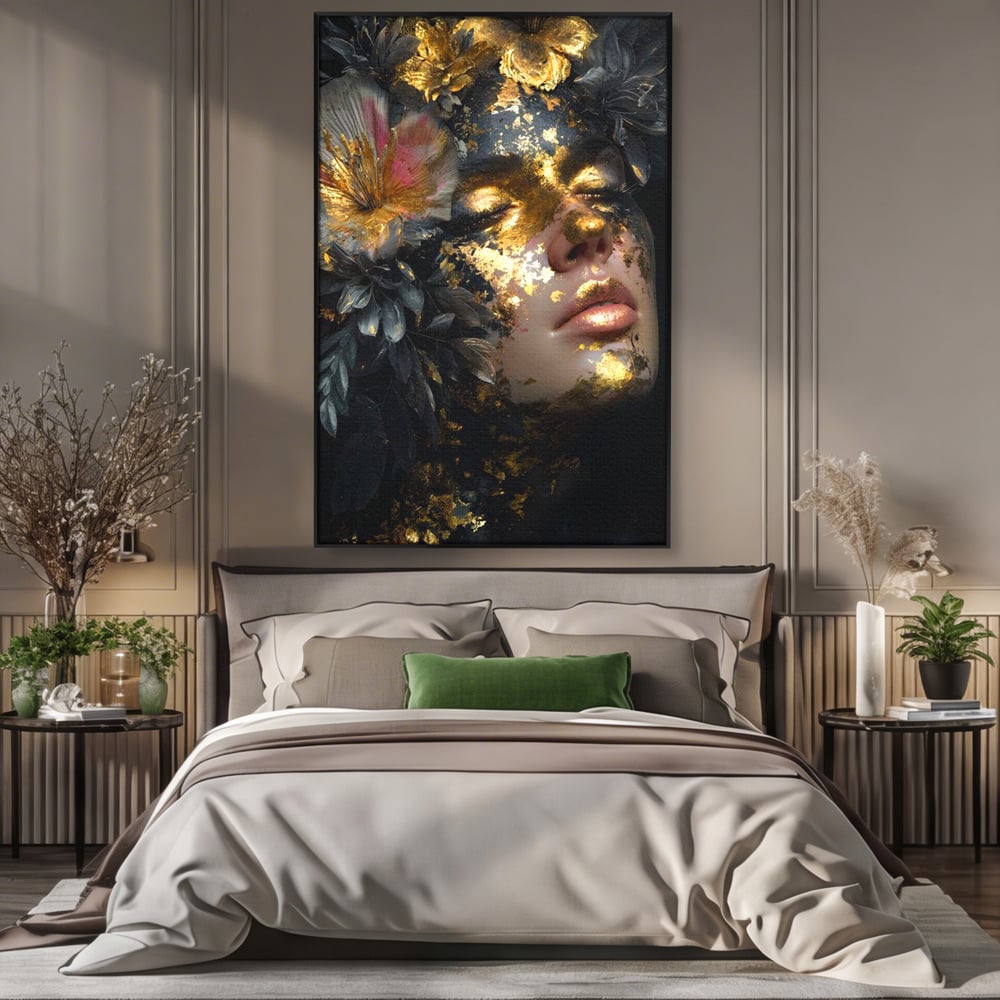 Tablou Canvas Premium, LuxCanva® G1219, Somnul Zeitei, Alchimie, Aur, Flori, Secret, Noapte, Incoronat, Baroc, Opulenta, Floral, Metamorfoza, Obscur, Mistic, Salon, Birou, Living, Dormitor