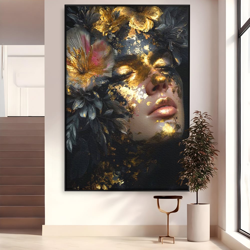 Tablou Canvas Premium, LuxCanva® G1219, Somnul Zeitei, Alchimie, Aur, Flori, Secret, Noapte, Incoronat, Baroc, Opulenta, Floral, Metamorfoza, Obscur, Mistic, Salon, Birou, Living, Dormitor