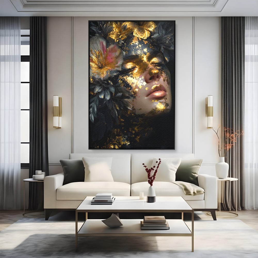 Tablou Canvas Premium, LuxCanva® G1219, Somnul Zeitei, Alchimie, Aur, Flori, Secret, Noapte, Incoronat, Baroc, Opulenta, Floral, Metamorfoza, Obscur, Mistic, Salon, Birou, Living, Dormitor