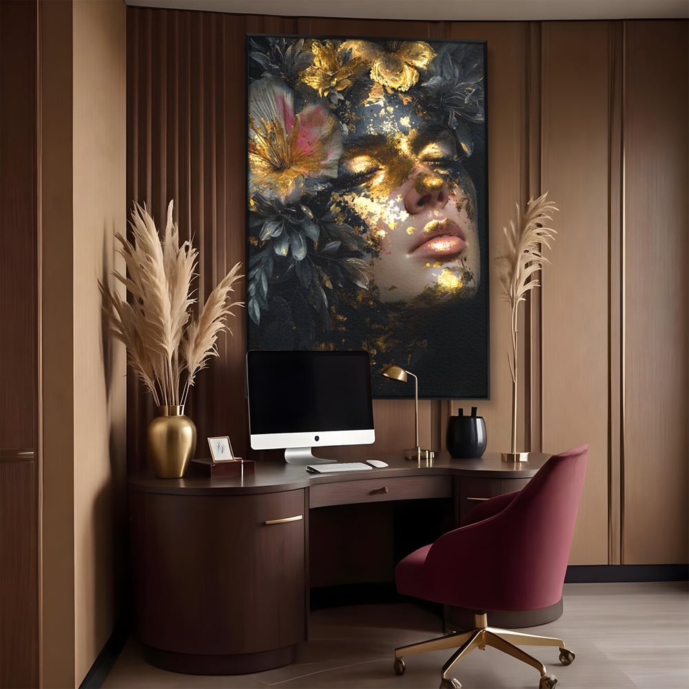 Tablou Canvas Premium, LuxCanva® G1219, Somnul Zeitei, Alchimie, Aur, Flori, Secret, Noapte, Incoronat, Baroc, Opulenta, Floral, Metamorfoza, Obscur, Mistic, Salon, Birou, Living, Dormitor