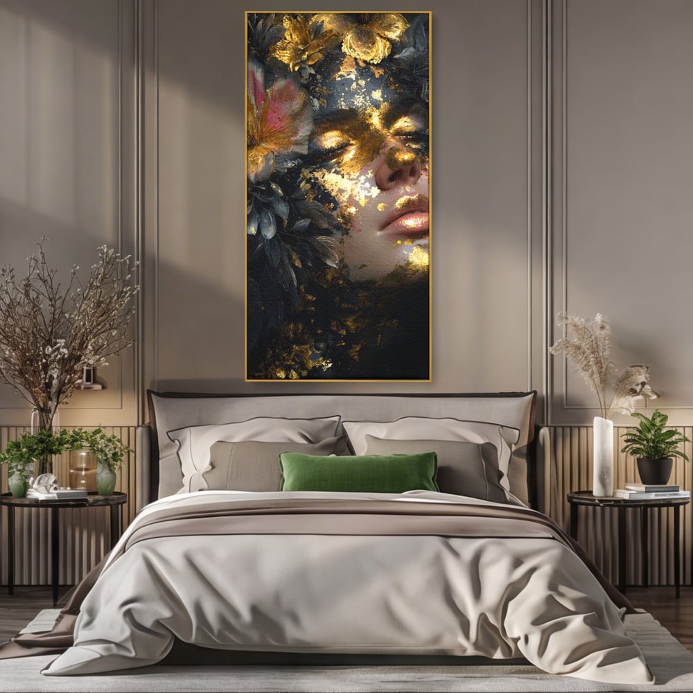 Tablou Canvas Premium, LuxCanva® G1219, Somnul Zeitei, Alchimie, Aur, Flori, Secret, Noapte, Incoronat, Baroc, Opulenta, Floral, Metamorfoza, Obscur, Mistic, Salon, Birou, Living, Dormitor