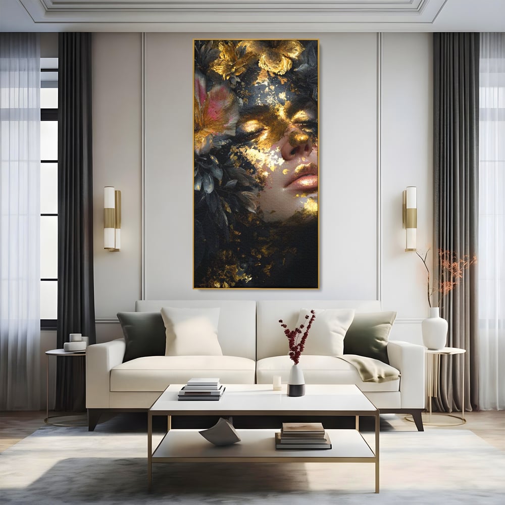 Tablou Canvas Premium, LuxCanva® G1219, Somnul Zeitei, Alchimie, Aur, Flori, Secret, Noapte, Incoronat, Baroc, Opulenta, Floral, Metamorfoza, Obscur, Mistic, Salon, Birou, Living, Dormitor