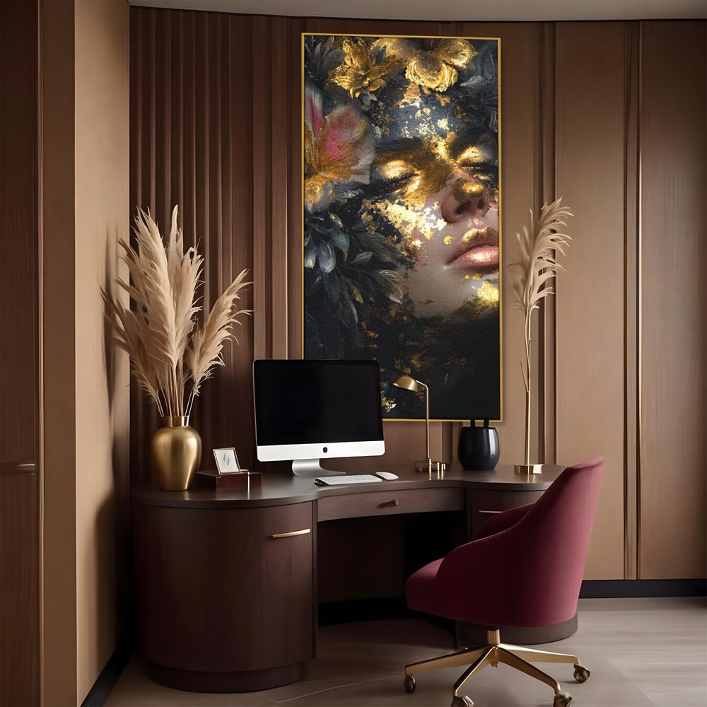 Tablou Canvas Premium, LuxCanva® G1219, Somnul Zeitei, Alchimie, Aur, Flori, Secret, Noapte, Incoronat, Baroc, Opulenta, Floral, Metamorfoza, Obscur, Mistic, Salon, Birou, Living, Dormitor