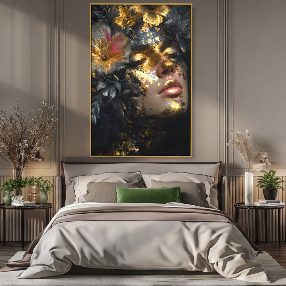 Tablou Canvas Premium, LuxCanva® G1219, Somnul Zeitei, Alchimie, Aur, Flori, Secret, Noapte, Incoronat, Baroc, Opulenta, Floral, Metamorfoza, Obscur, Mistic, Salon, Birou, Living, Dormitor
