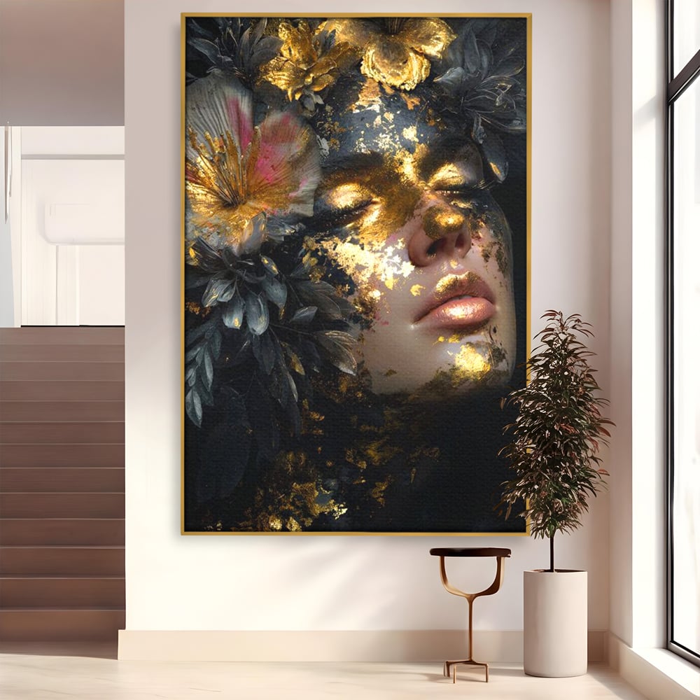 Tablou Canvas Premium, LuxCanva® G1219, Somnul Zeitei, Alchimie, Aur, Flori, Secret, Noapte, Incoronat, Baroc, Opulenta, Floral, Metamorfoza, Obscur, Mistic, Salon, Birou, Living, Dormitor