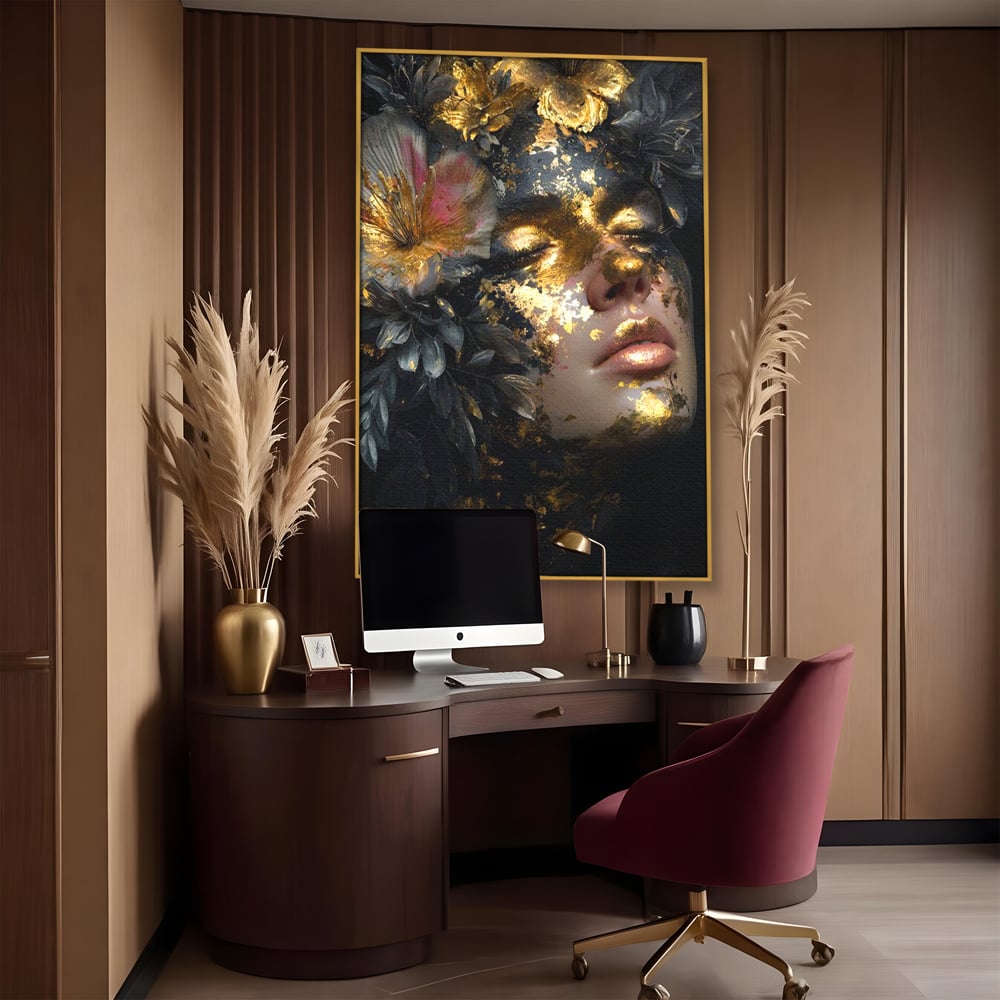 Tablou Canvas Premium, LuxCanva® G1219, Somnul Zeitei, Alchimie, Aur, Flori, Secret, Noapte, Incoronat, Baroc, Opulenta, Floral, Metamorfoza, Obscur, Mistic, Salon, Birou, Living, Dormitor