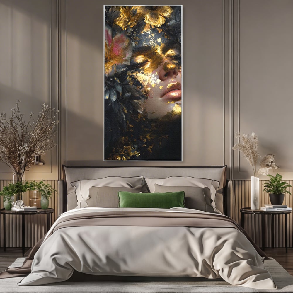 Tablou Canvas Premium, LuxCanva® G1219, Somnul Zeitei, Alchimie, Aur, Flori, Secret, Noapte, Incoronat, Baroc, Opulenta, Floral, Metamorfoza, Obscur, Mistic, Salon, Birou, Living, Dormitor