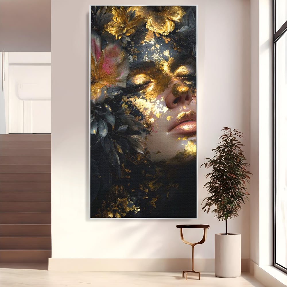 Tablou Canvas Premium, LuxCanva® G1219, Somnul Zeitei, Alchimie, Aur, Flori, Secret, Noapte, Incoronat, Baroc, Opulenta, Floral, Metamorfoza, Obscur, Mistic, Salon, Birou, Living, Dormitor