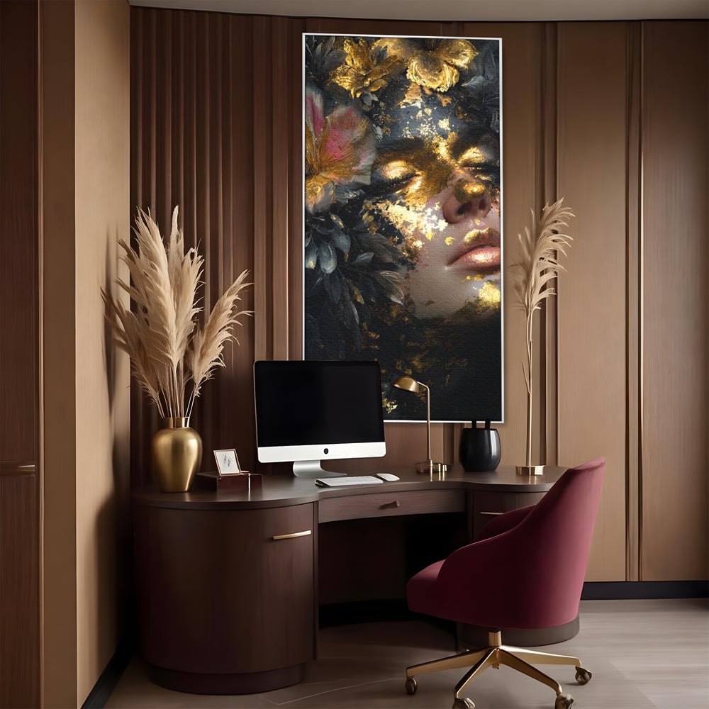 Tablou Canvas Premium, LuxCanva® G1219, Somnul Zeitei, Alchimie, Aur, Flori, Secret, Noapte, Incoronat, Baroc, Opulenta, Floral, Metamorfoza, Obscur, Mistic, Salon, Birou, Living, Dormitor
