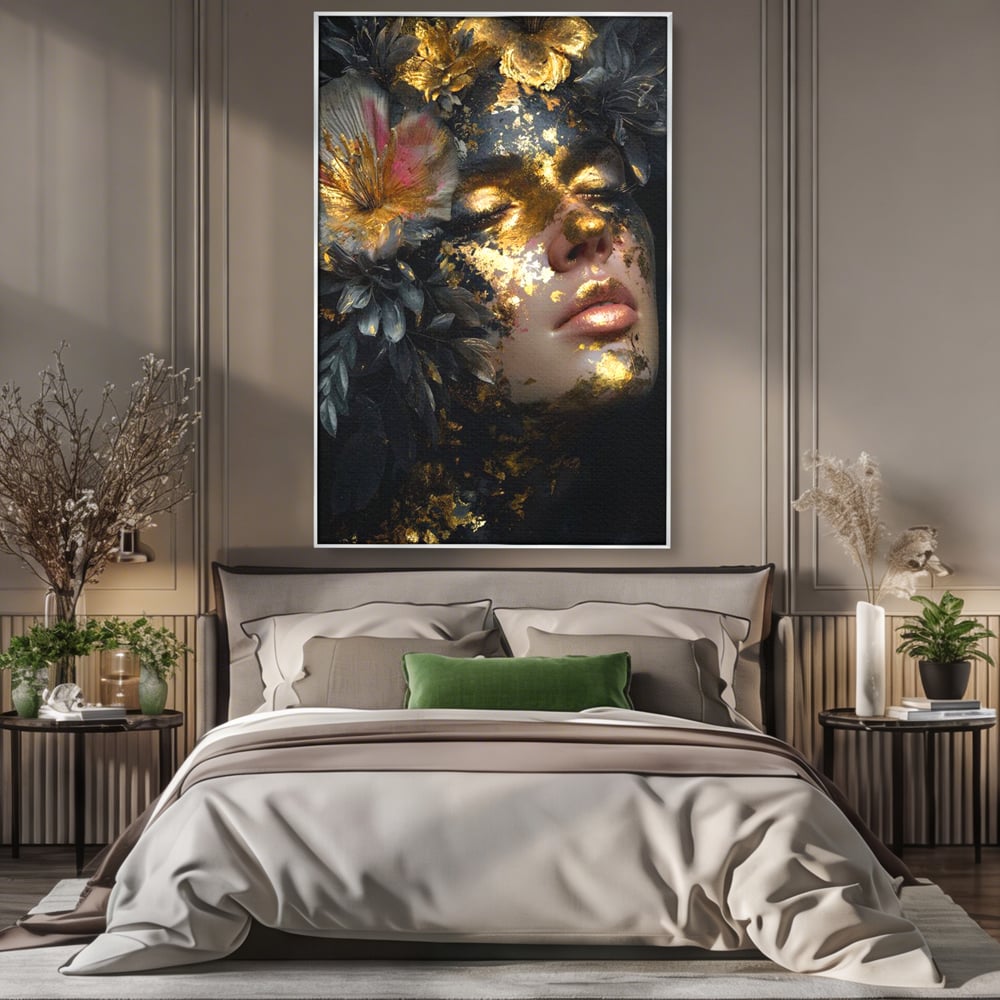 Tablou Canvas Premium, LuxCanva® G1219, Somnul Zeitei, Alchimie, Aur, Flori, Secret, Noapte, Incoronat, Baroc, Opulenta, Floral, Metamorfoza, Obscur, Mistic, Salon, Birou, Living, Dormitor