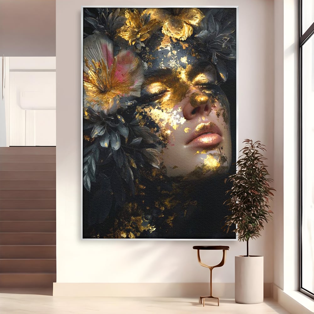Tablou Canvas Premium, LuxCanva® G1219, Somnul Zeitei, Alchimie, Aur, Flori, Secret, Noapte, Incoronat, Baroc, Opulenta, Floral, Metamorfoza, Obscur, Mistic, Salon, Birou, Living, Dormitor