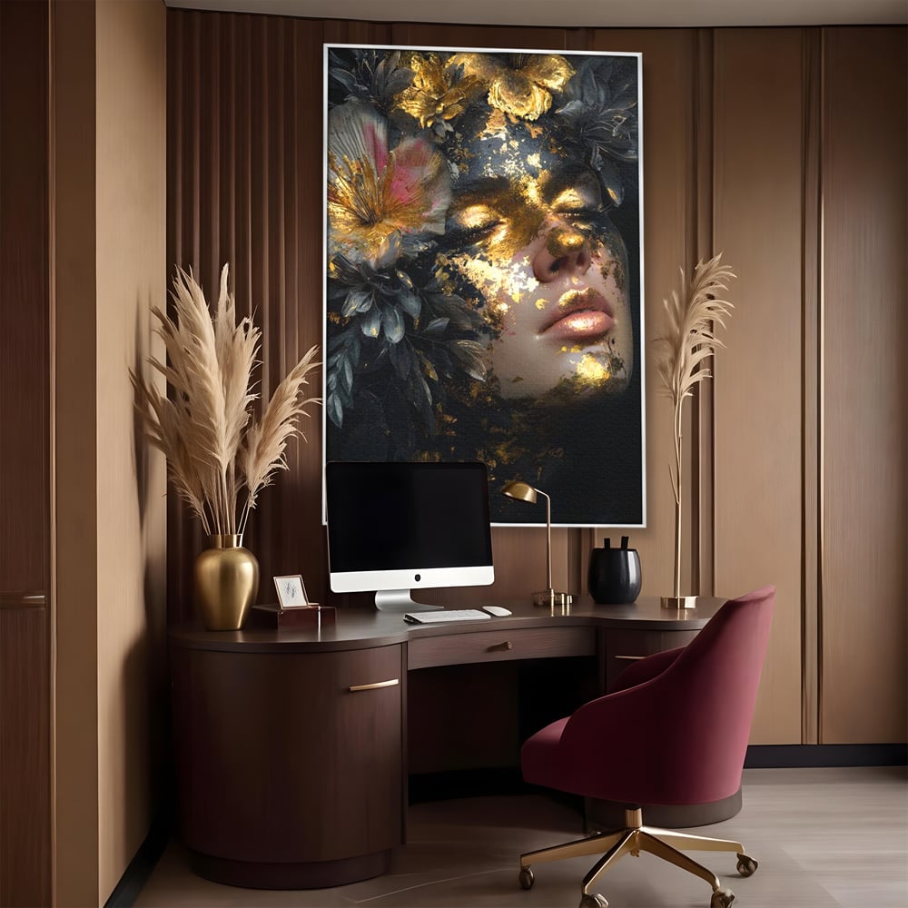 Tablou Canvas Premium, LuxCanva® G1219, Somnul Zeitei, Alchimie, Aur, Flori, Secret, Noapte, Incoronat, Baroc, Opulenta, Floral, Metamorfoza, Obscur, Mistic, Salon, Birou, Living, Dormitor