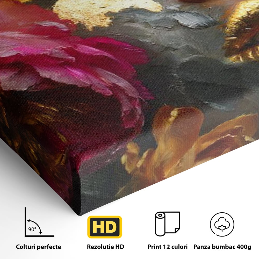 Tablou Canvas Premium, LuxCanva® G1221, Persefona de Aur, Auriu, Fucsia, Flori, Divinitate, Aurora, Zeita, Transformare, Putere, Feminina, Mister, Exotic, Enigma, Pasiune, Salon, Birou, Living, Dormitor