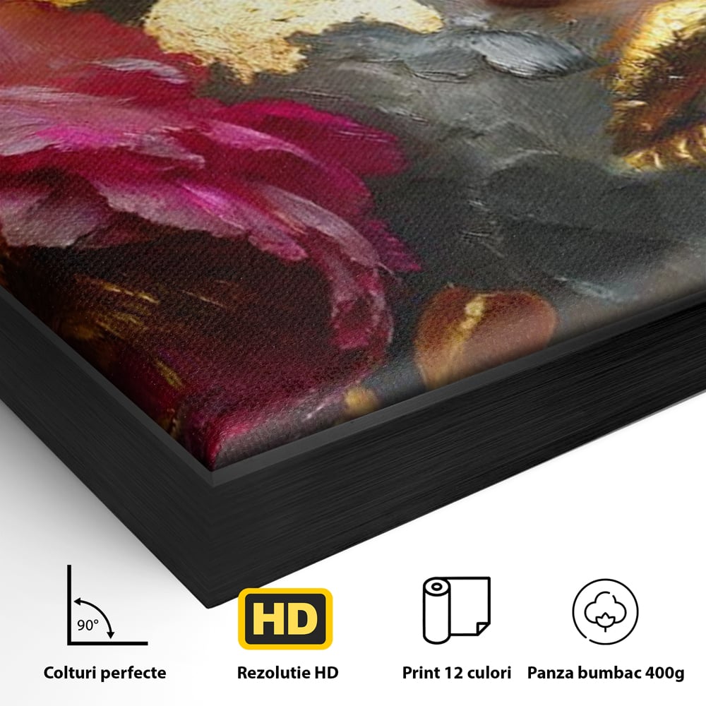Tablou Canvas Premium, LuxCanva® G1221, Persefona de Aur, Auriu, Fucsia, Flori, Divinitate, Aurora, Zeita, Transformare, Putere, Feminina, Mister, Exotic, Enigma, Pasiune, Salon, Birou, Living, Dormitor