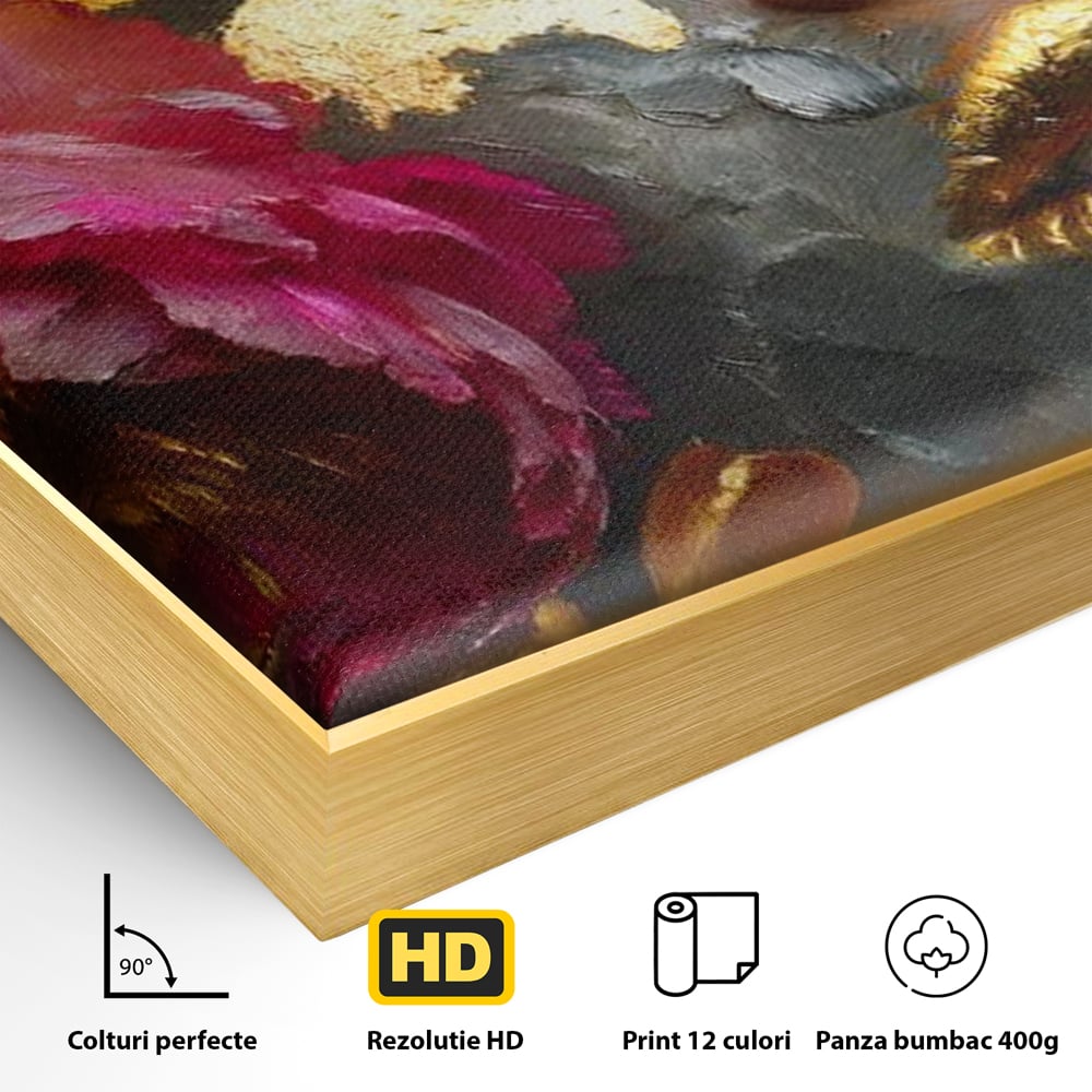 Tablou Canvas Premium, LuxCanva® G1221, Persefona de Aur, Auriu, Fucsia, Flori, Divinitate, Aurora, Zeita, Transformare, Putere, Feminina, Mister, Exotic, Enigma, Pasiune, Salon, Birou, Living, Dormitor