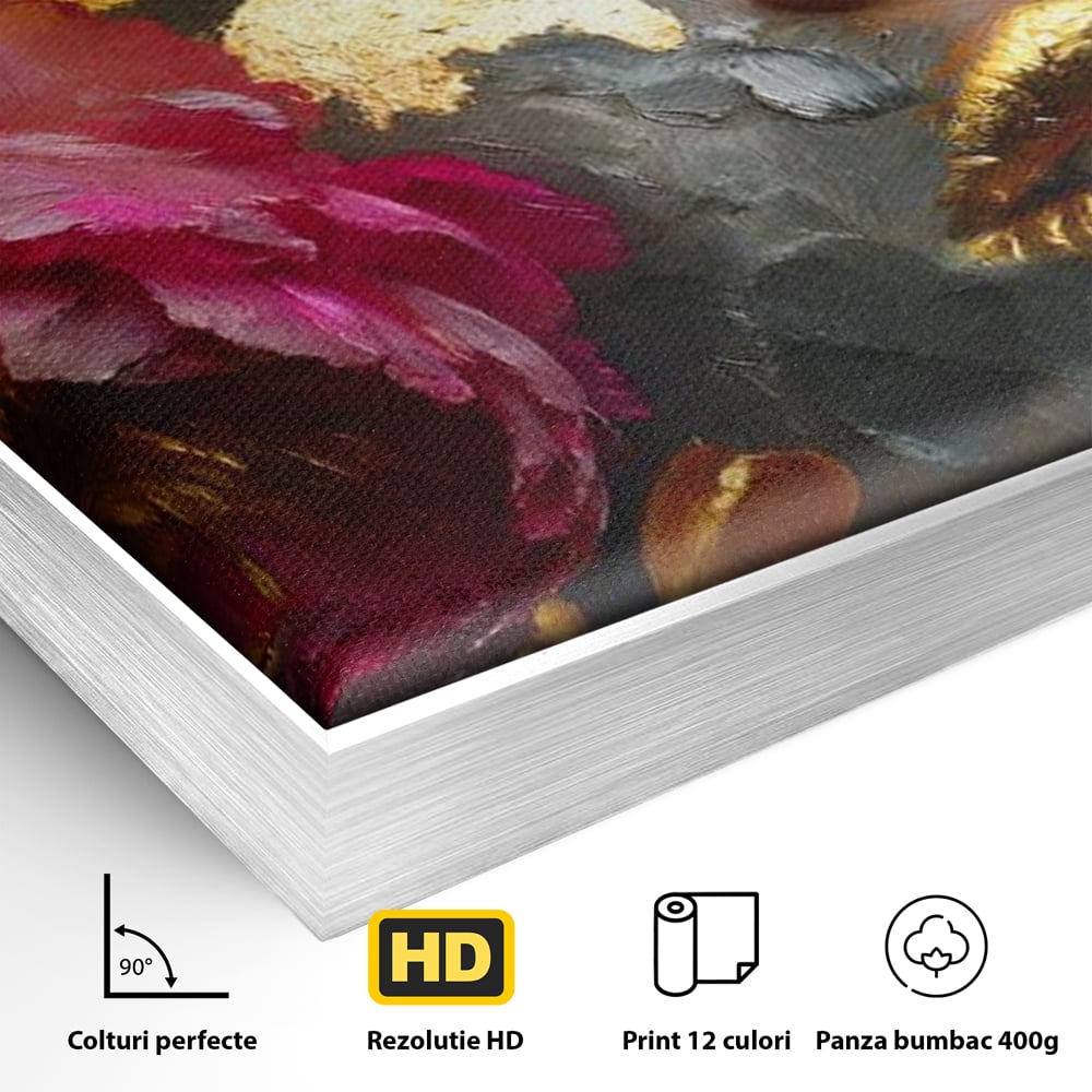 Tablou Canvas Premium, LuxCanva® G1221, Persefona de Aur, Auriu, Fucsia, Flori, Divinitate, Aurora, Zeita, Transformare, Putere, Feminina, Mister, Exotic, Enigma, Pasiune, Salon, Birou, Living, Dormitor