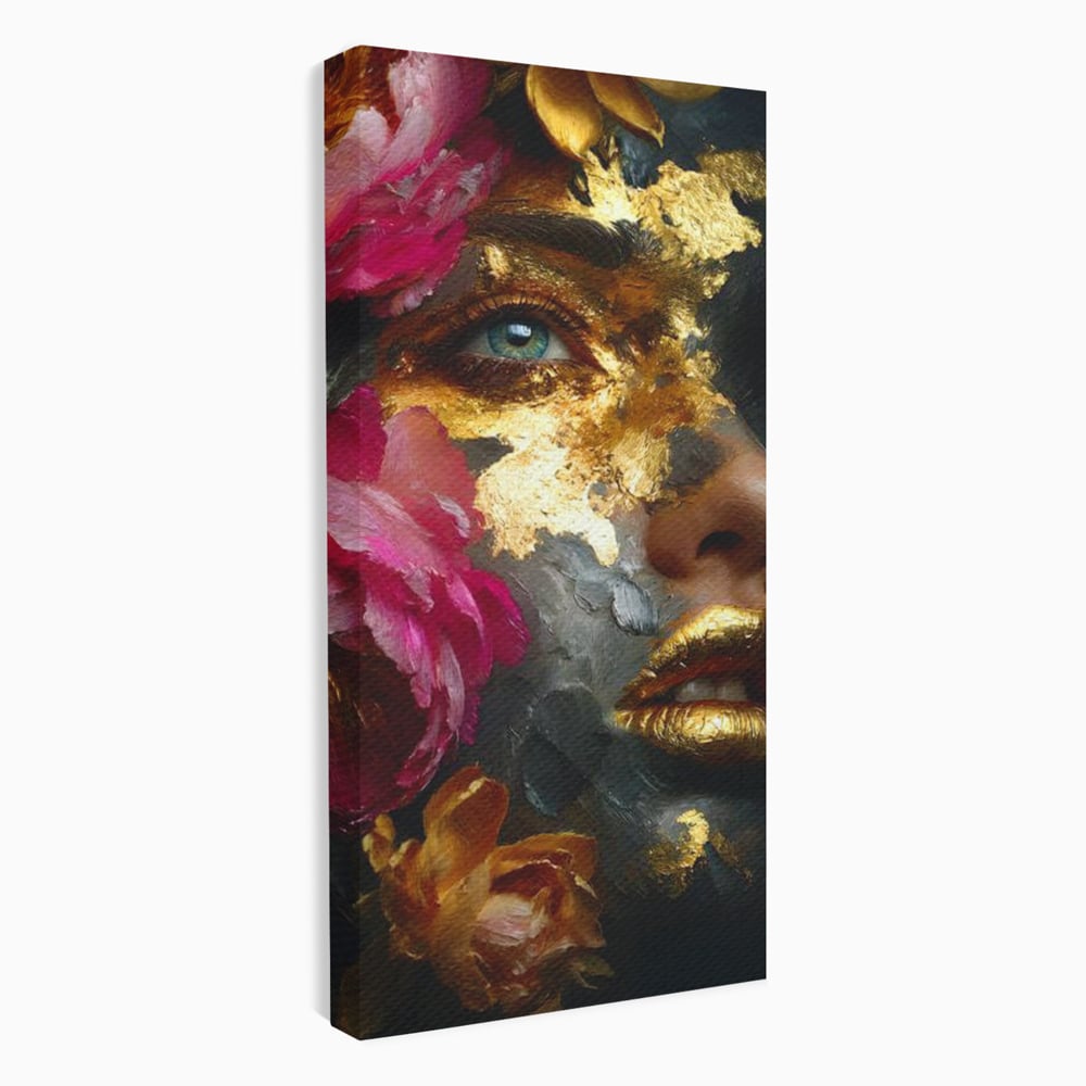 Tablou Canvas Premium, LuxCanva® G1221, Persefona de Aur, Auriu, Fucsia, Flori, Divinitate, Aurora, Zeita, Transformare, Putere, Feminina, Mister, Exotic, Enigma, Pasiune, Salon, Birou, Living, Dormitor
