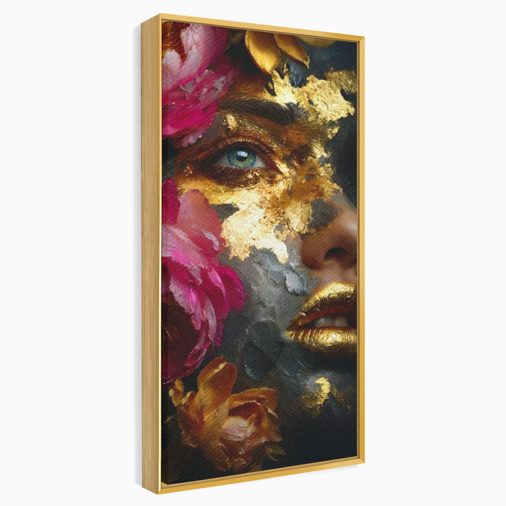 Tablou Canvas Premium, LuxCanva® G1221, Persefona de Aur, Auriu, Fucsia, Flori, Divinitate, Aurora, Zeita, Transformare, Putere, Feminina, Mister, Exotic, Enigma, Pasiune, Salon, Birou, Living, Dormitor