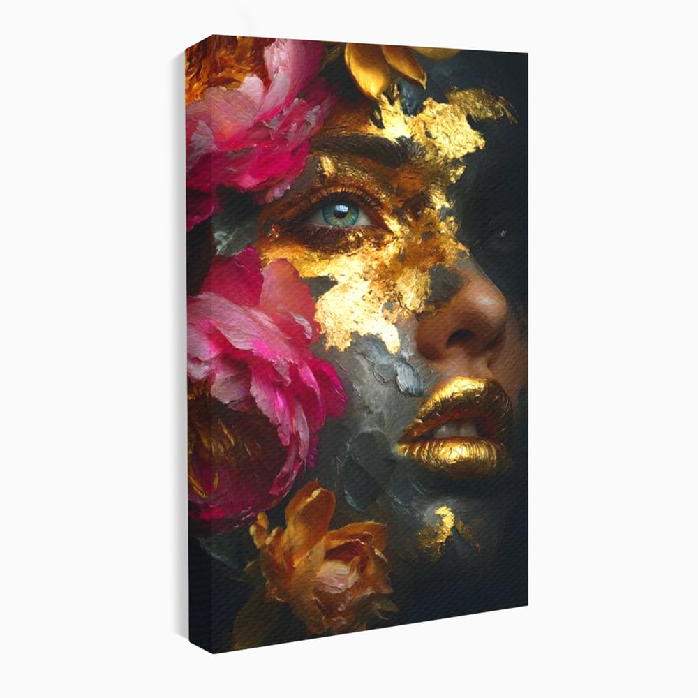 Tablou Canvas Premium, LuxCanva® G1221, Persefona de Aur, Auriu, Fucsia, Flori, Divinitate, Aurora, Zeita, Transformare, Putere, Feminina, Mister, Exotic, Enigma, Pasiune, Salon, Birou, Living, Dormitor