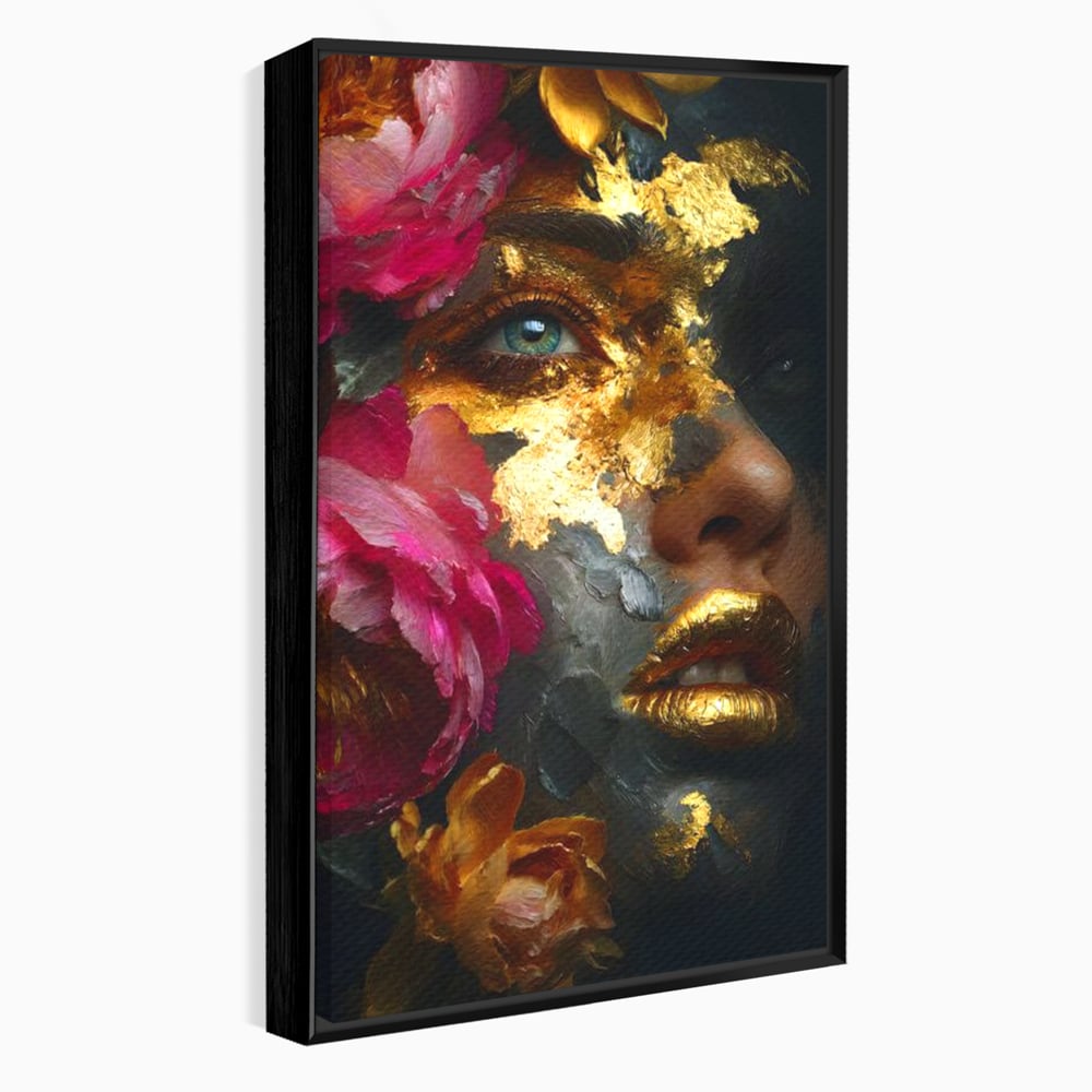 Tablou Canvas Premium, LuxCanva® G1221, Persefona de Aur, Auriu, Fucsia, Flori, Divinitate, Aurora, Zeita, Transformare, Putere, Feminina, Mister, Exotic, Enigma, Pasiune, Salon, Birou, Living, Dormitor