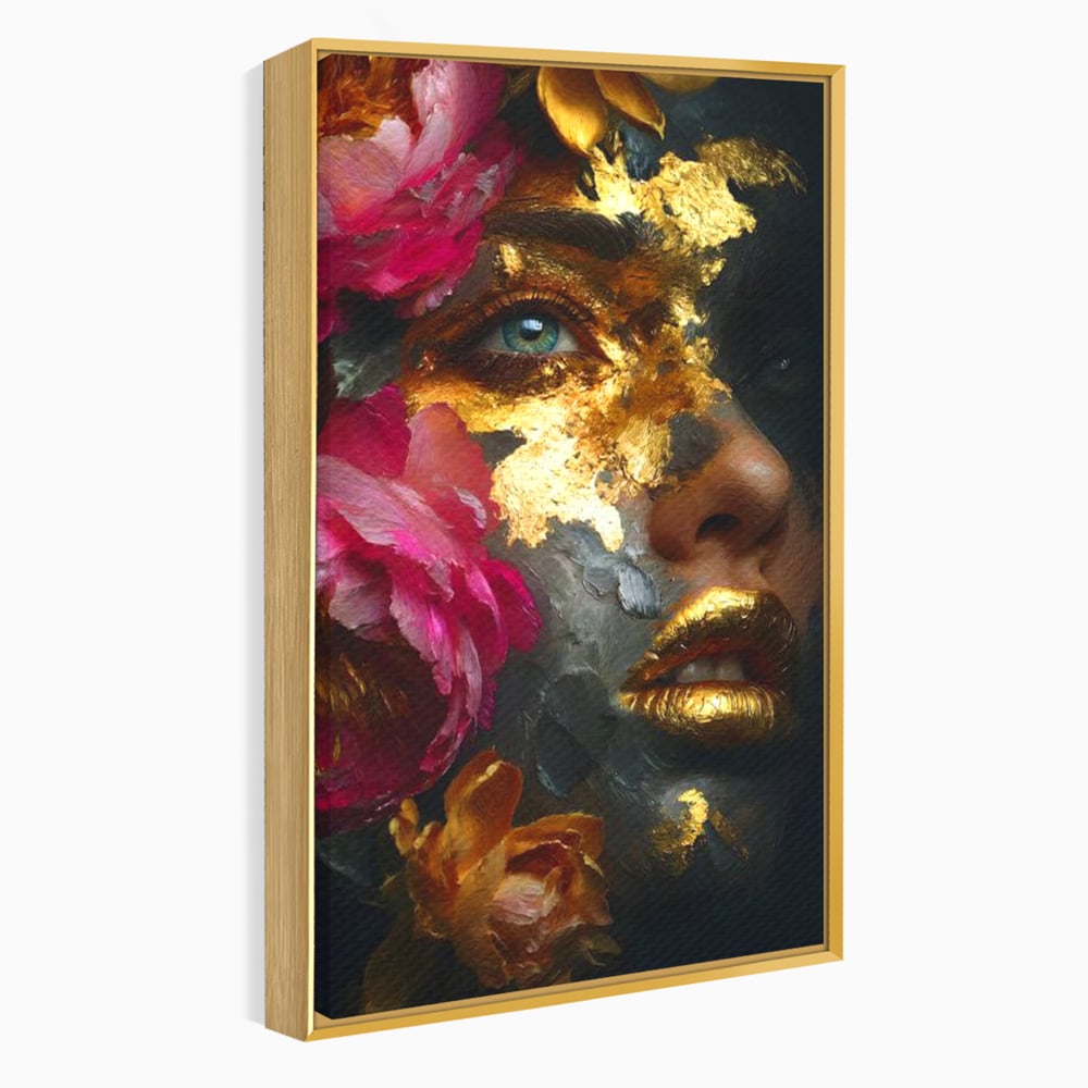 Tablou Canvas Premium, LuxCanva® G1221, Persefona de Aur, Auriu, Fucsia, Flori, Divinitate, Aurora, Zeita, Transformare, Putere, Feminina, Mister, Exotic, Enigma, Pasiune, Salon, Birou, Living, Dormitor
