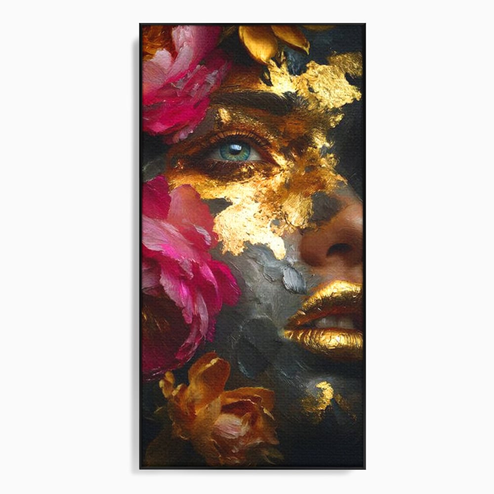 Tablou Canvas Premium, LuxCanva® G1221, Persefona de Aur, Auriu, Fucsia, Flori, Divinitate, Aurora, Zeita, Transformare, Putere, Feminina, Mister, Exotic, Enigma, Pasiune, Salon, Birou, Living, Dormitor