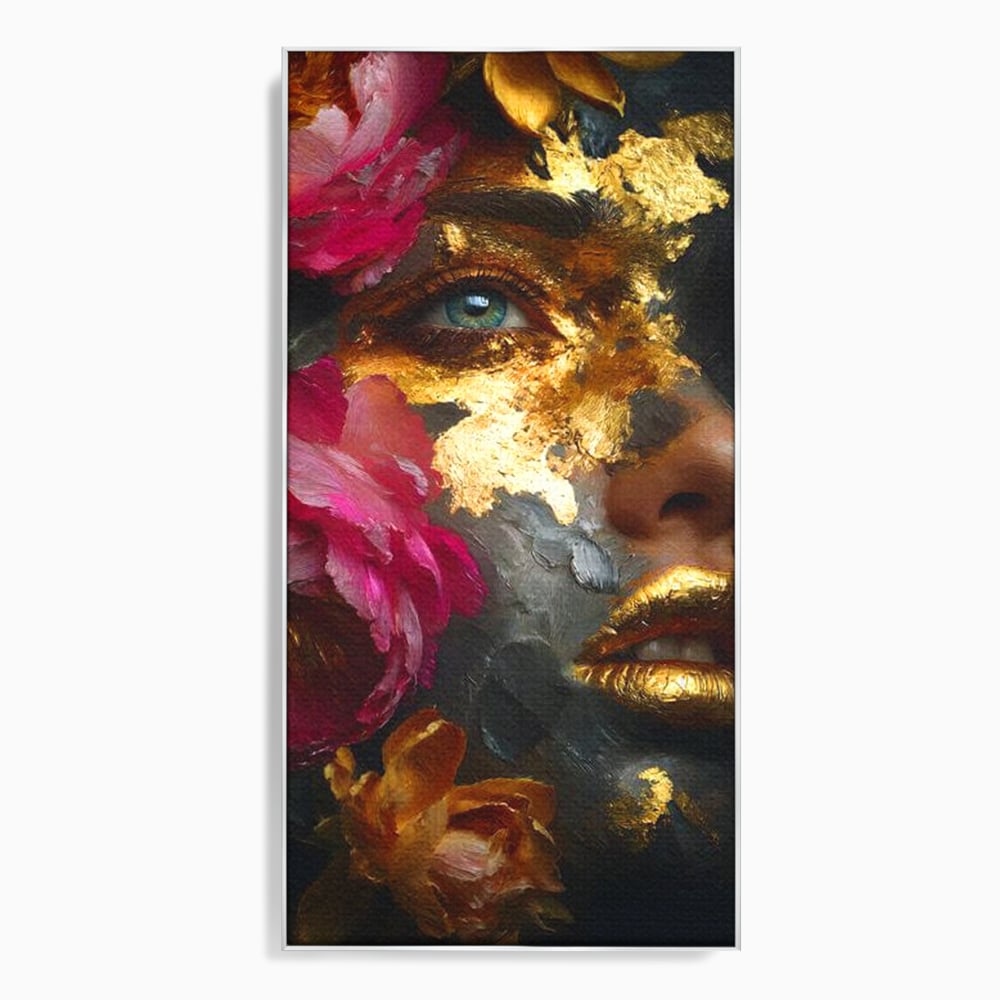 Tablou Canvas Premium, LuxCanva® G1221, Persefona de Aur, Auriu, Fucsia, Flori, Divinitate, Aurora, Zeita, Transformare, Putere, Feminina, Mister, Exotic, Enigma, Pasiune, Salon, Birou, Living, Dormitor