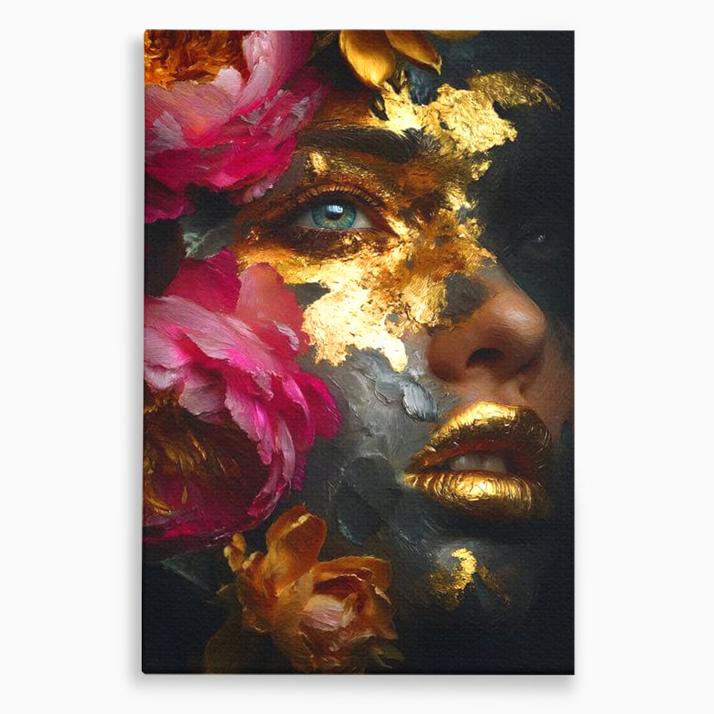 Tablou Canvas Premium, LuxCanva® G1221, Persefona de Aur, Auriu, Fucsia, Flori, Divinitate, Aurora, Zeita, Transformare, Putere, Feminina, Mister, Exotic, Enigma, Pasiune, Salon, Birou, Living, Dormitor