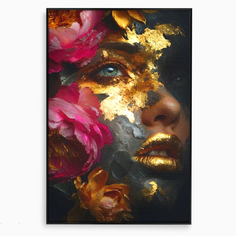 Tablou Canvas Premium, LuxCanva® G1221, Persefona de Aur, Auriu, Fucsia, Flori, Divinitate, Aurora, Zeita, Transformare, Putere, Feminina, Mister, Exotic, Enigma, Pasiune, Salon, Birou, Living, Dormitor