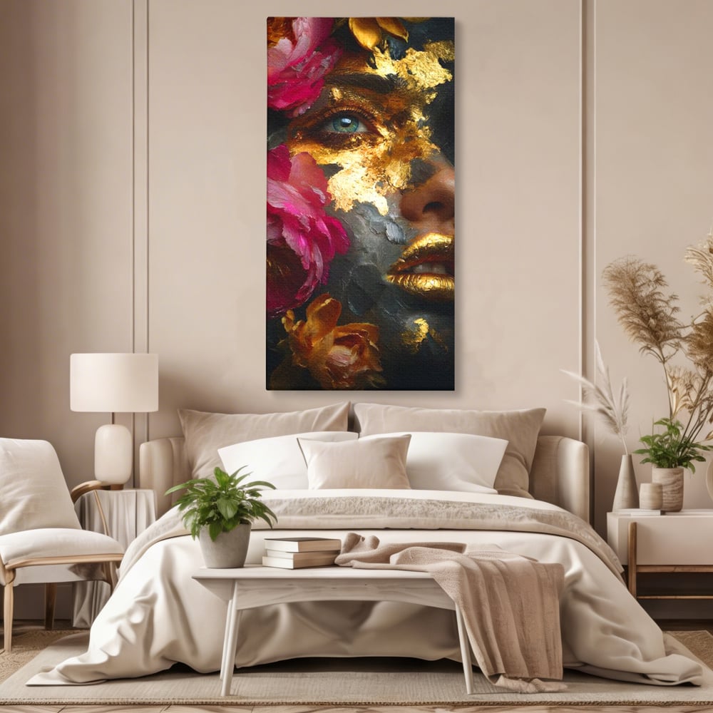 Tablou Canvas Premium, LuxCanva® G1221, Persefona de Aur, Auriu, Fucsia, Flori, Divinitate, Aurora, Zeita, Transformare, Putere, Feminina, Mister, Exotic, Enigma, Pasiune, Salon, Birou, Living, Dormitor