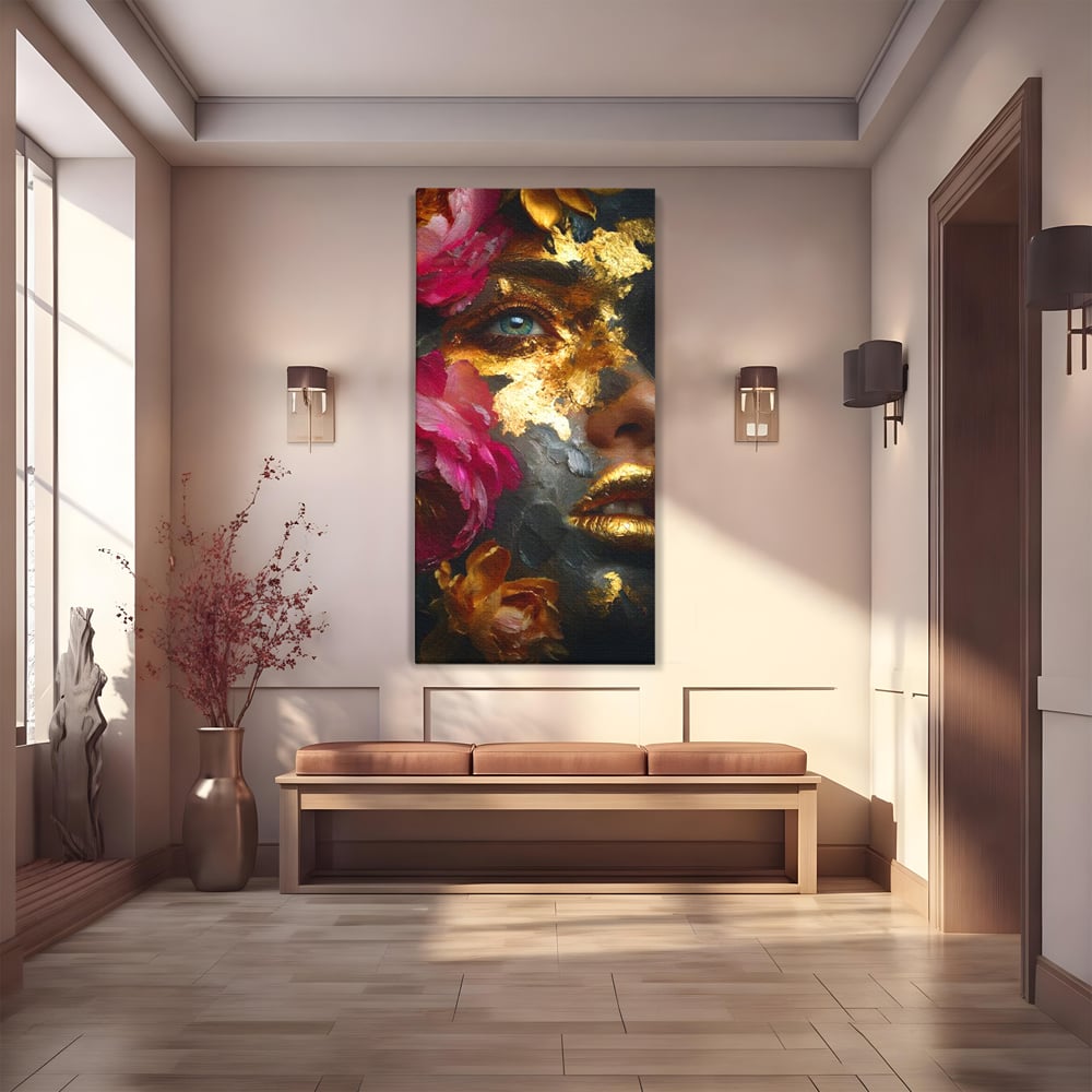Tablou Canvas Premium, LuxCanva® G1221, Persefona de Aur, Auriu, Fucsia, Flori, Divinitate, Aurora, Zeita, Transformare, Putere, Feminina, Mister, Exotic, Enigma, Pasiune, Salon, Birou, Living, Dormitor