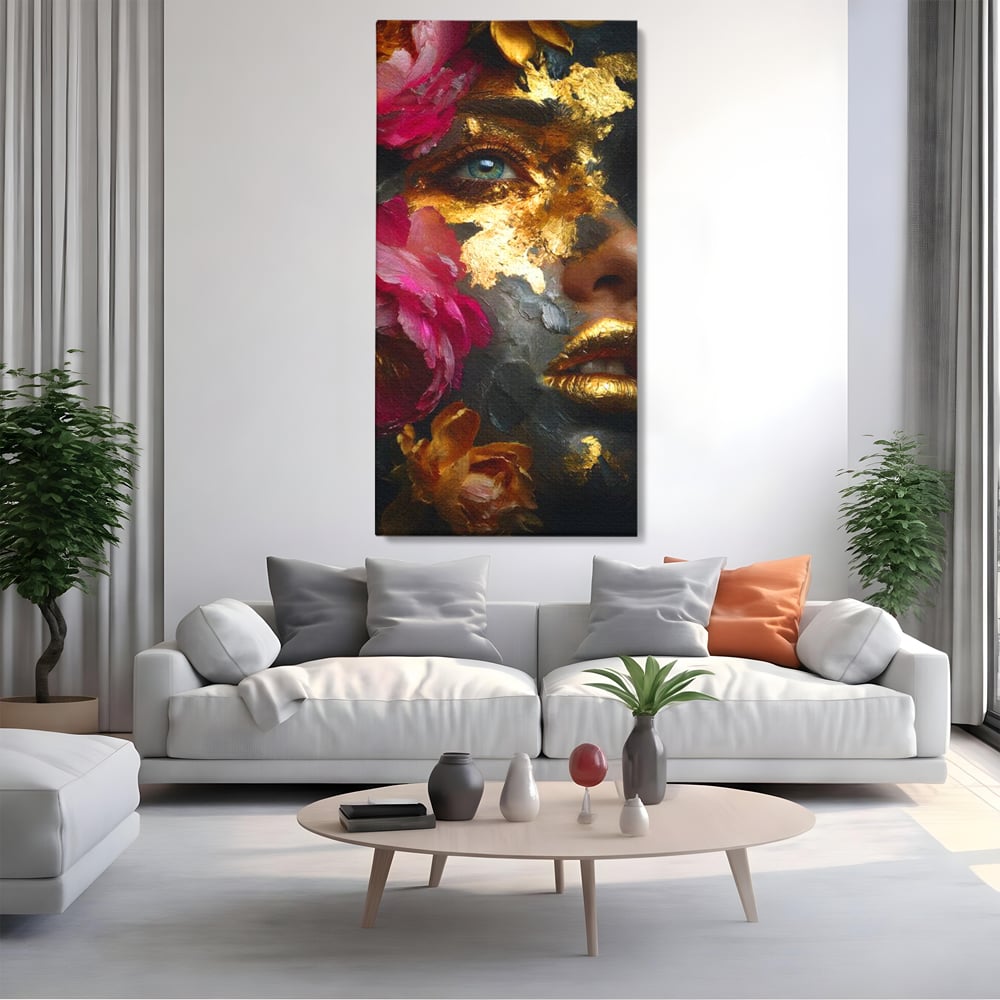 Tablou Canvas Premium, LuxCanva® G1221, Persefona de Aur, Auriu, Fucsia, Flori, Divinitate, Aurora, Zeita, Transformare, Putere, Feminina, Mister, Exotic, Enigma, Pasiune, Salon, Birou, Living, Dormitor