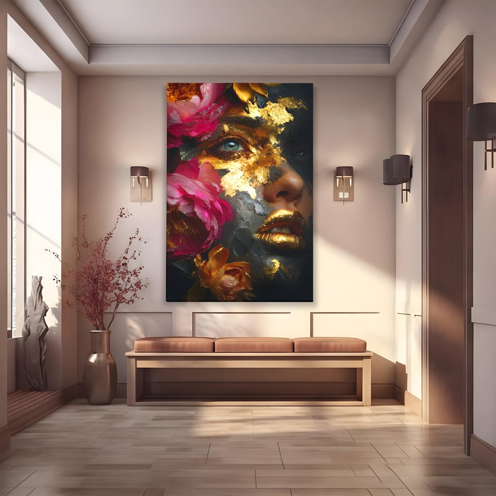 Tablou Canvas Premium, LuxCanva® G1221, Persefona de Aur, Auriu, Fucsia, Flori, Divinitate, Aurora, Zeita, Transformare, Putere, Feminina, Mister, Exotic, Enigma, Pasiune, Salon, Birou, Living, Dormitor